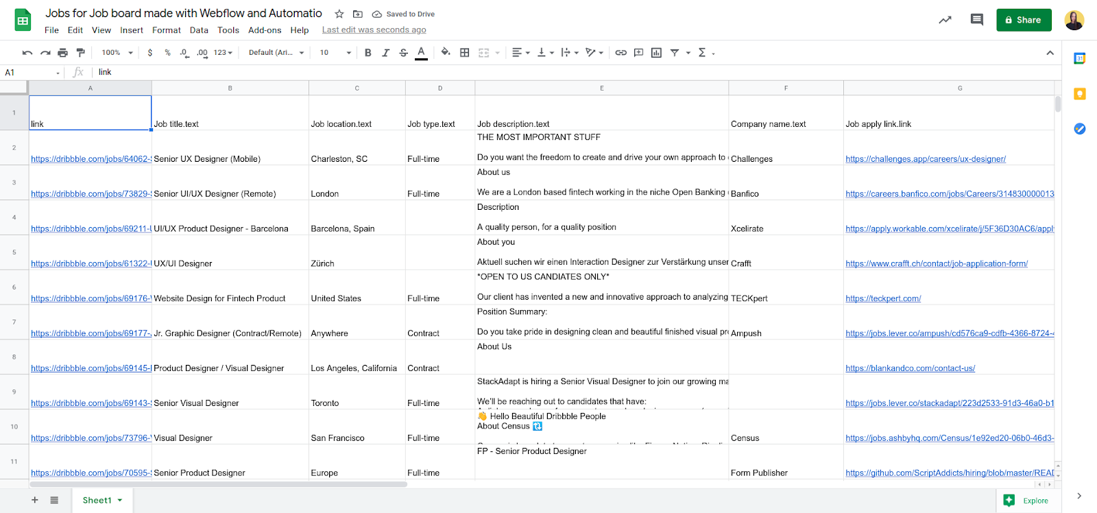 How to create a fully automated job board using no-code tools (Automatio + Webflow + Google Sheets + Zapier)
