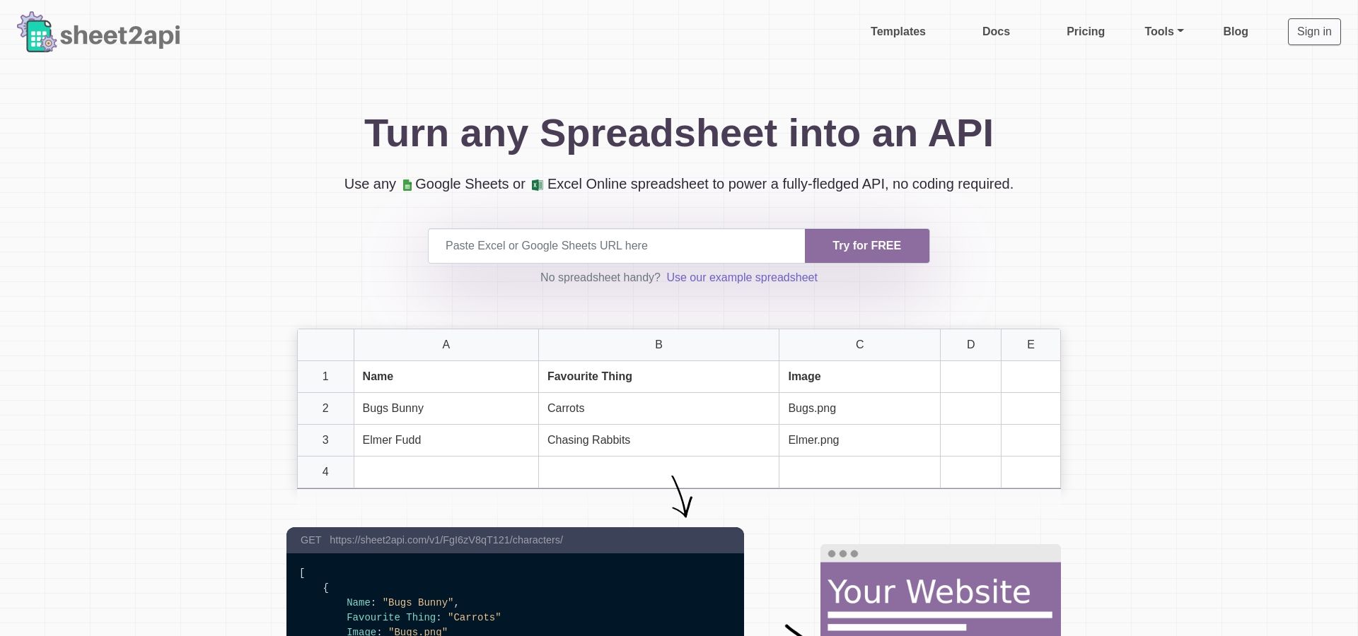 Google Sheet as JSON API. Excel Spreadsheet as API. | sheet2api